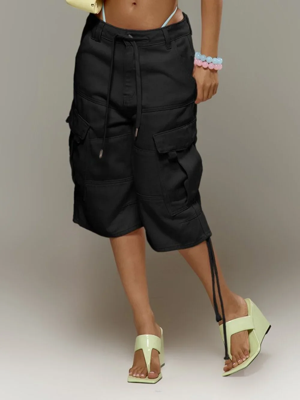 Black Casual Women's Loose Low Rise Zipper Fly Plain Capri Jorts